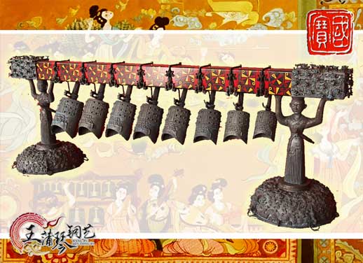 8件古編鐘，銅人銅座裝飾，可發(fā)音